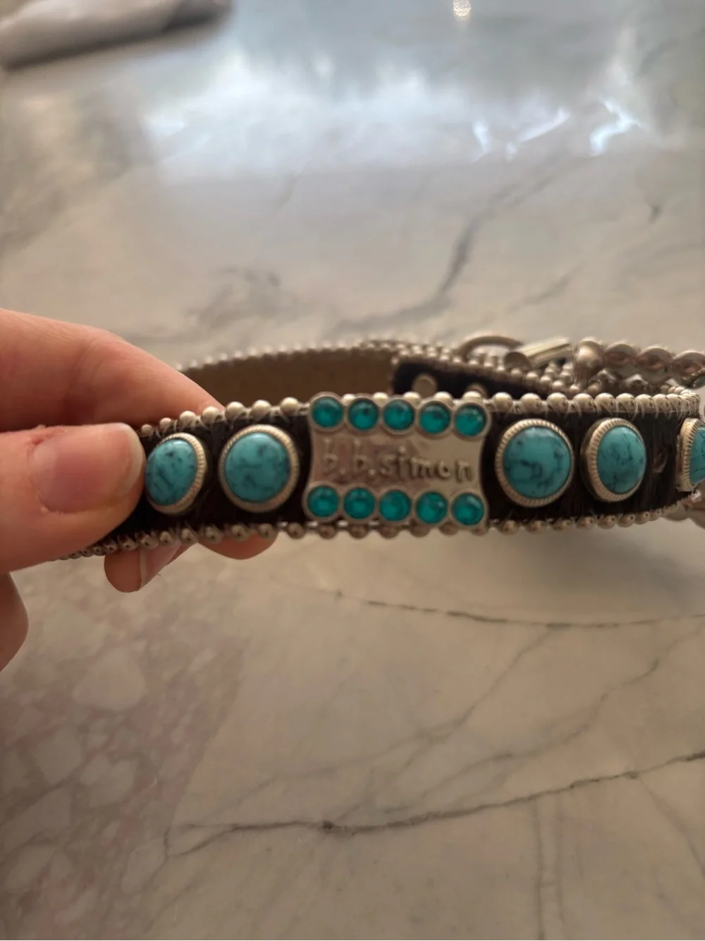B.B. Simon Turquoise and Silver Leather Dog Collar